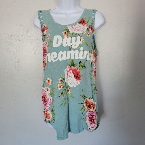 Mint Blue Tank Top Floral Day Dreaming Graphic Sm - Picture 1 of 6